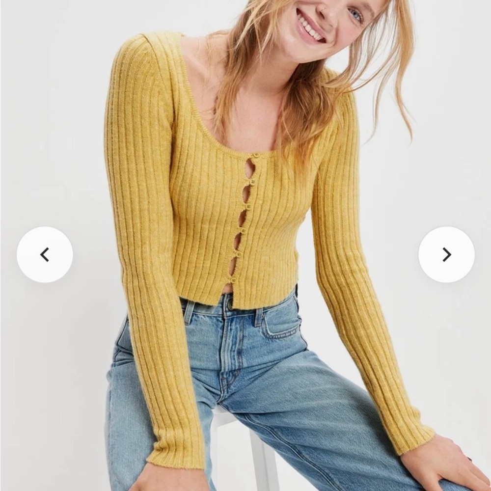 Women’s SZ M American Eagle Outfitters Yellow/Green Ribbed Cropped Cardigan BNWT